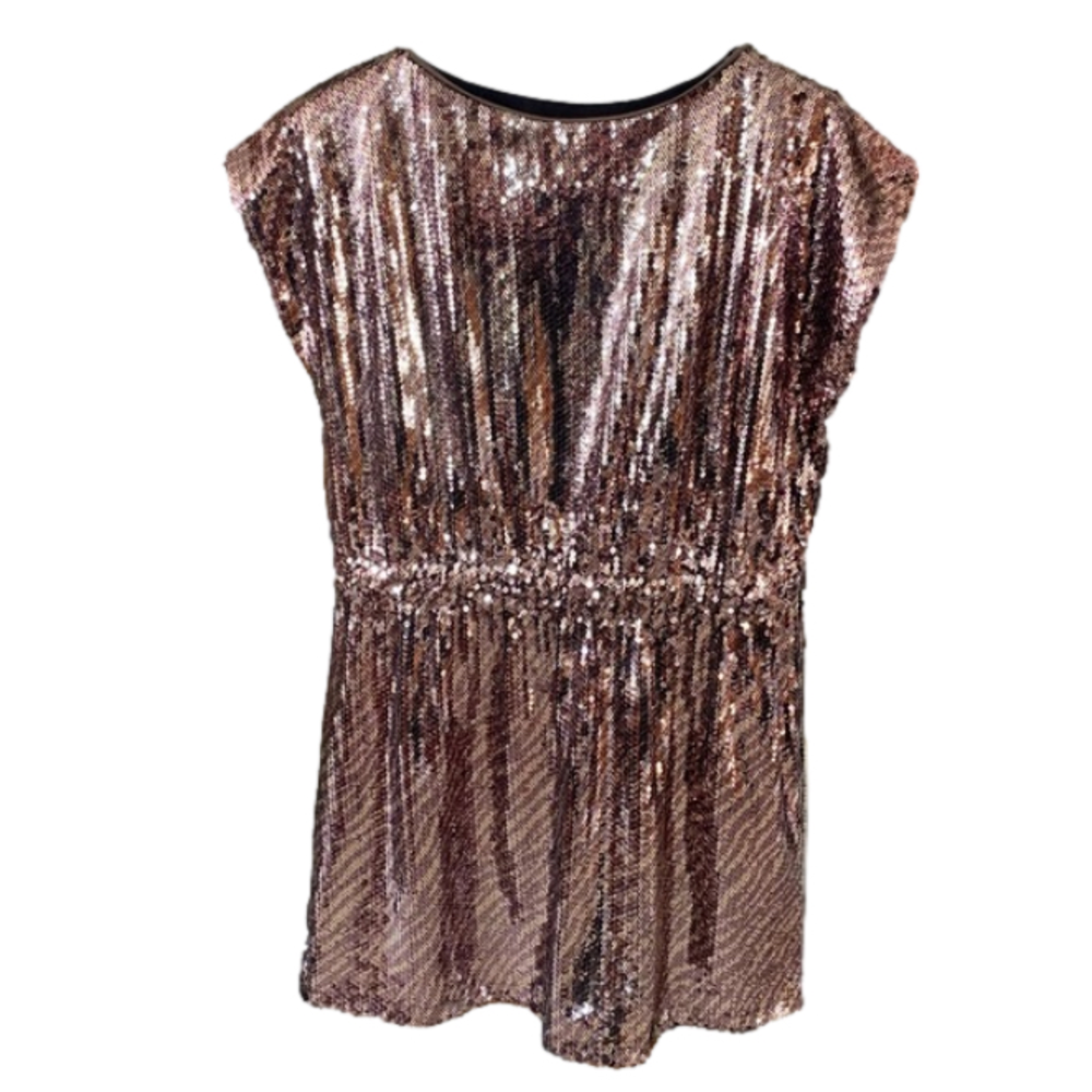 Isle Apparel Rose Gold Sequins Short Sleeve Gathered Waist Dress